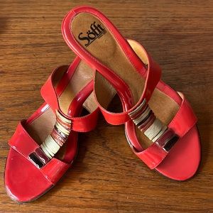 Sofft Red Patient Leather “Anita” Sandals, 2”Wedge Heel, Gold Accents, S…